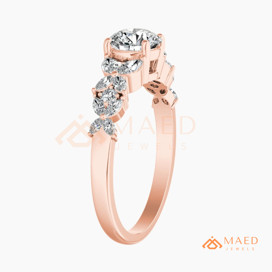 Botanical Marquise Cluster Engagement Ring with Round Center Stone