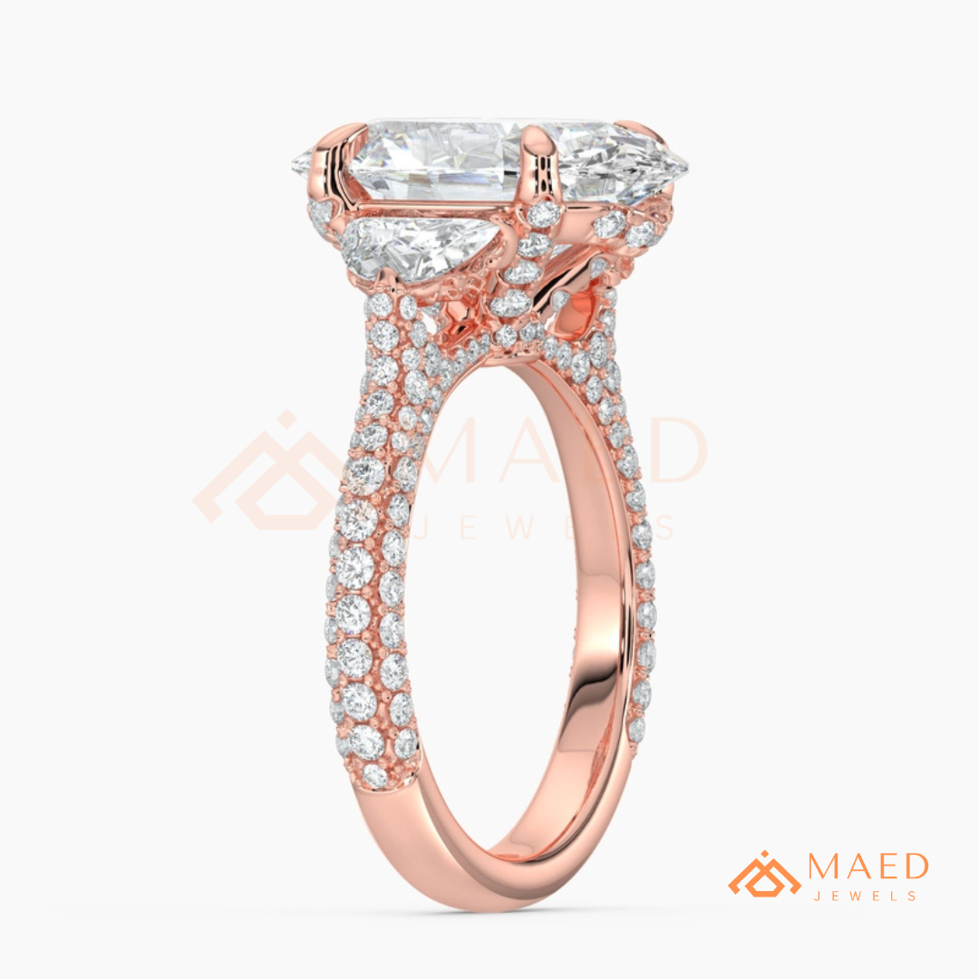 Oval Cut Engagement Ring with Half Moon Side Stones and Pavé Band in Silver, 14K Gold, & 14K Rose Gold