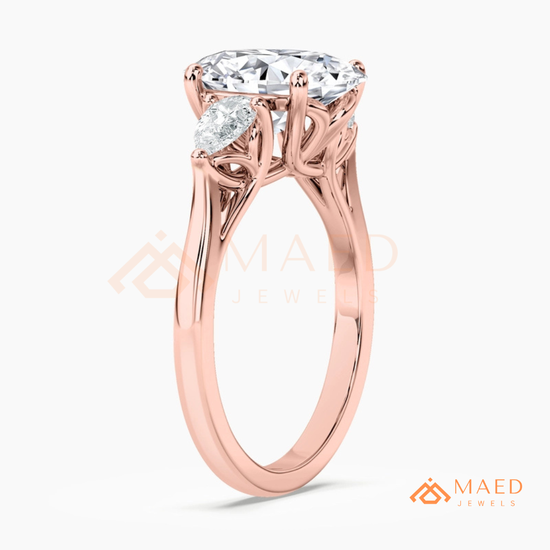 Oval Cut Engagement Ring with Pear Side Stones in Silver, 14K Gold, & 14K Rose Gold