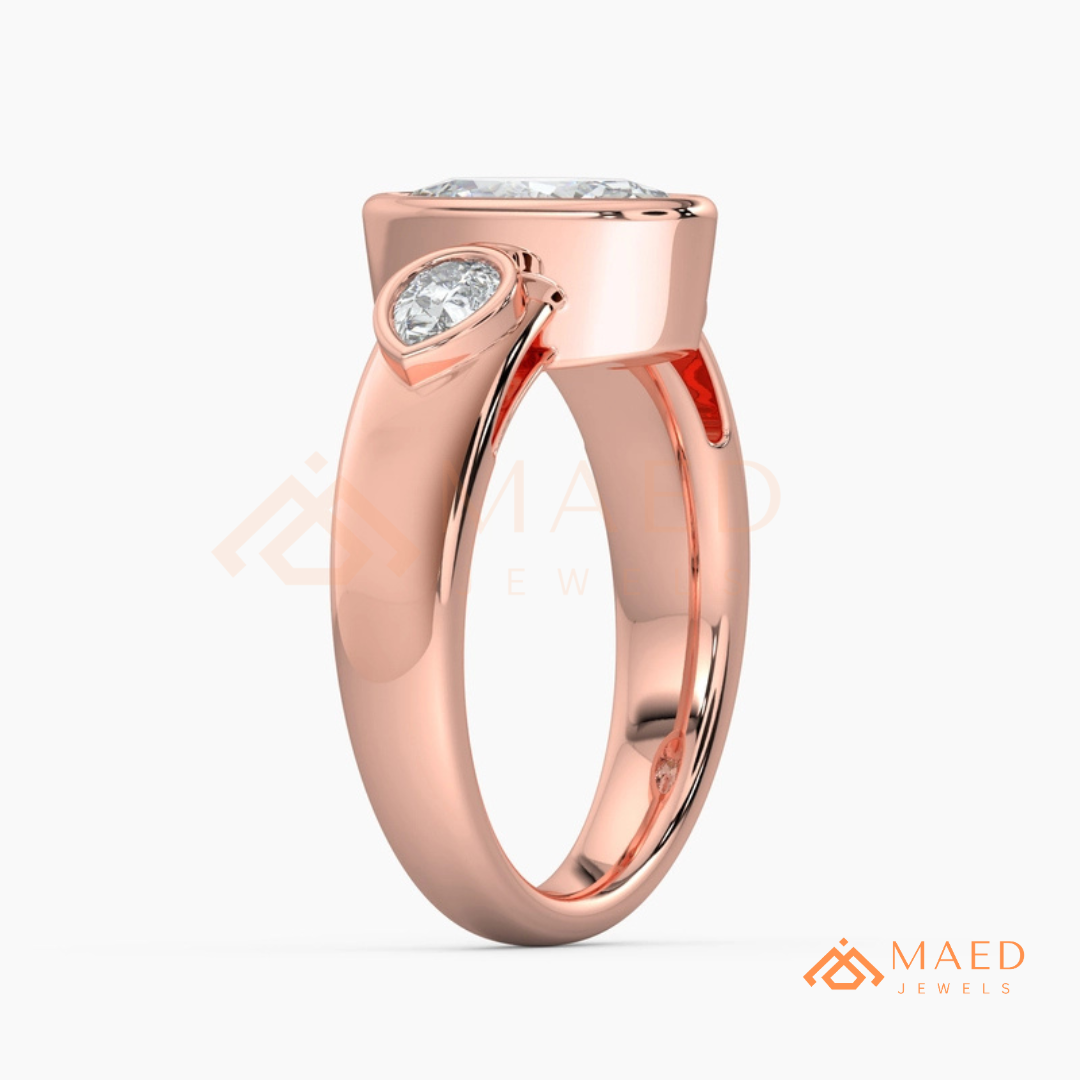 Bezel Set Oval Engagement Ring with Pear Side Stones in Silver, 14K Gold, & 14K Rose Gold