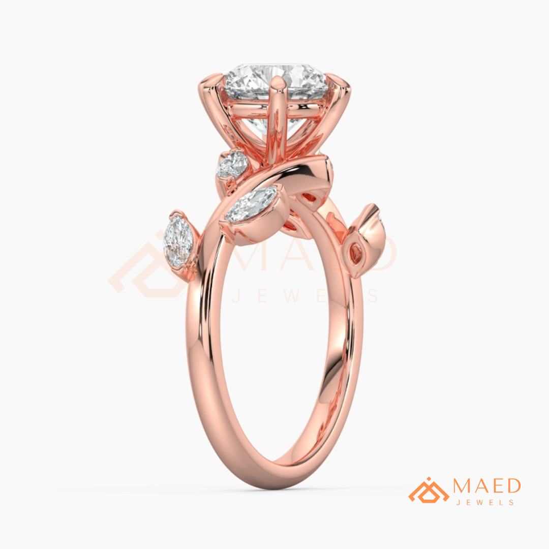 Nature Inspired Round Moissanite Engagement Ring, 6-Prong Marquise Leaf Twig Wedding Ring in Silver, 14K Gold & Rose Gold