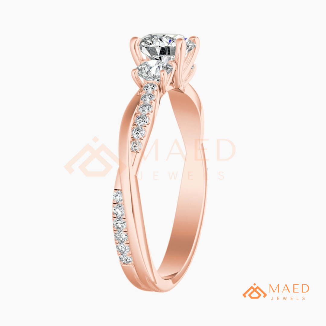 Classic 3-Stone Twisted Pavé Diamond Simulant Ring in Gold, Rose Gold & Silver