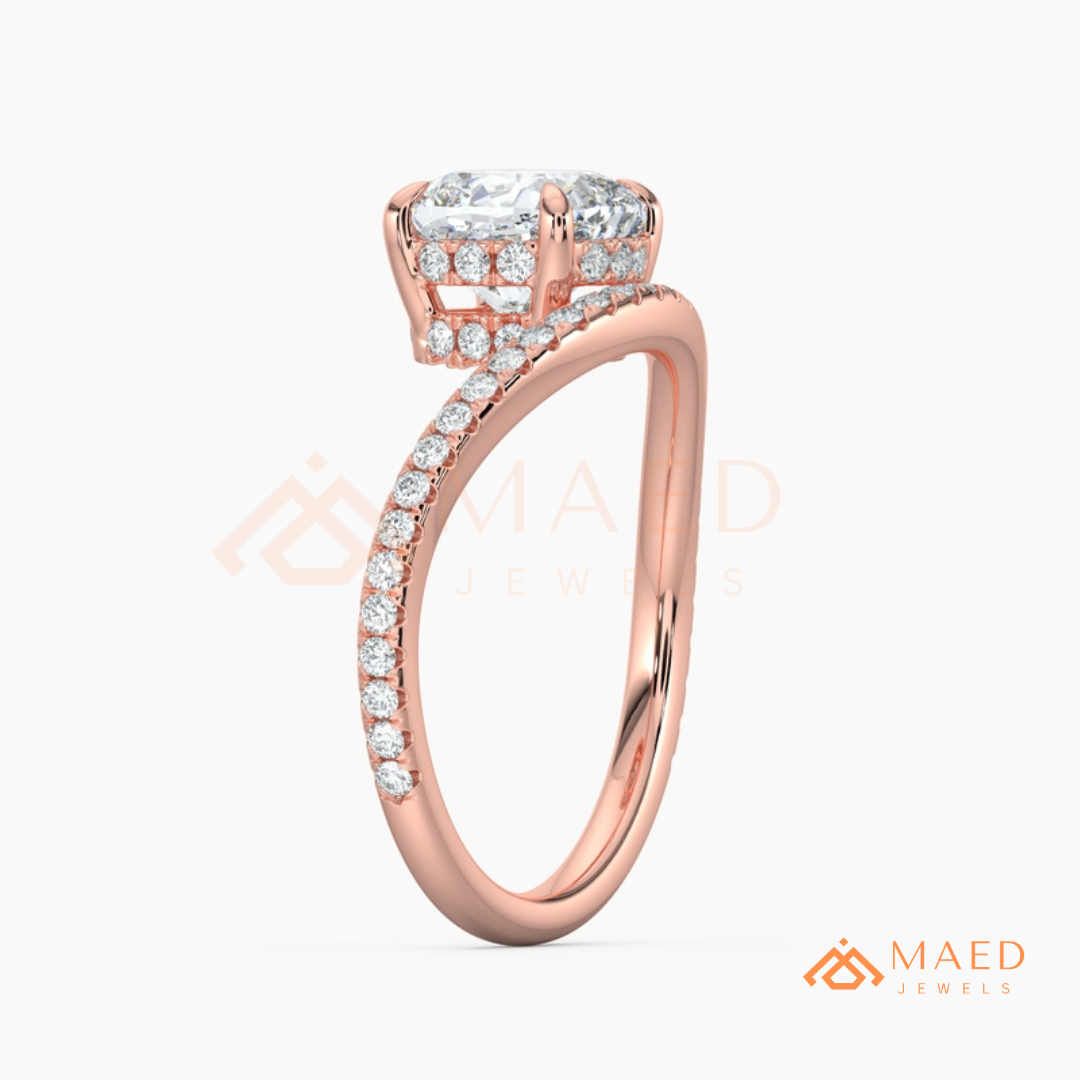 Cushion Cut Moissanite Chevron Engagement Ring, Curved Pavé Diamond Wishbone Wedding Ring in Silver, 14K Gold & Rose Gold
