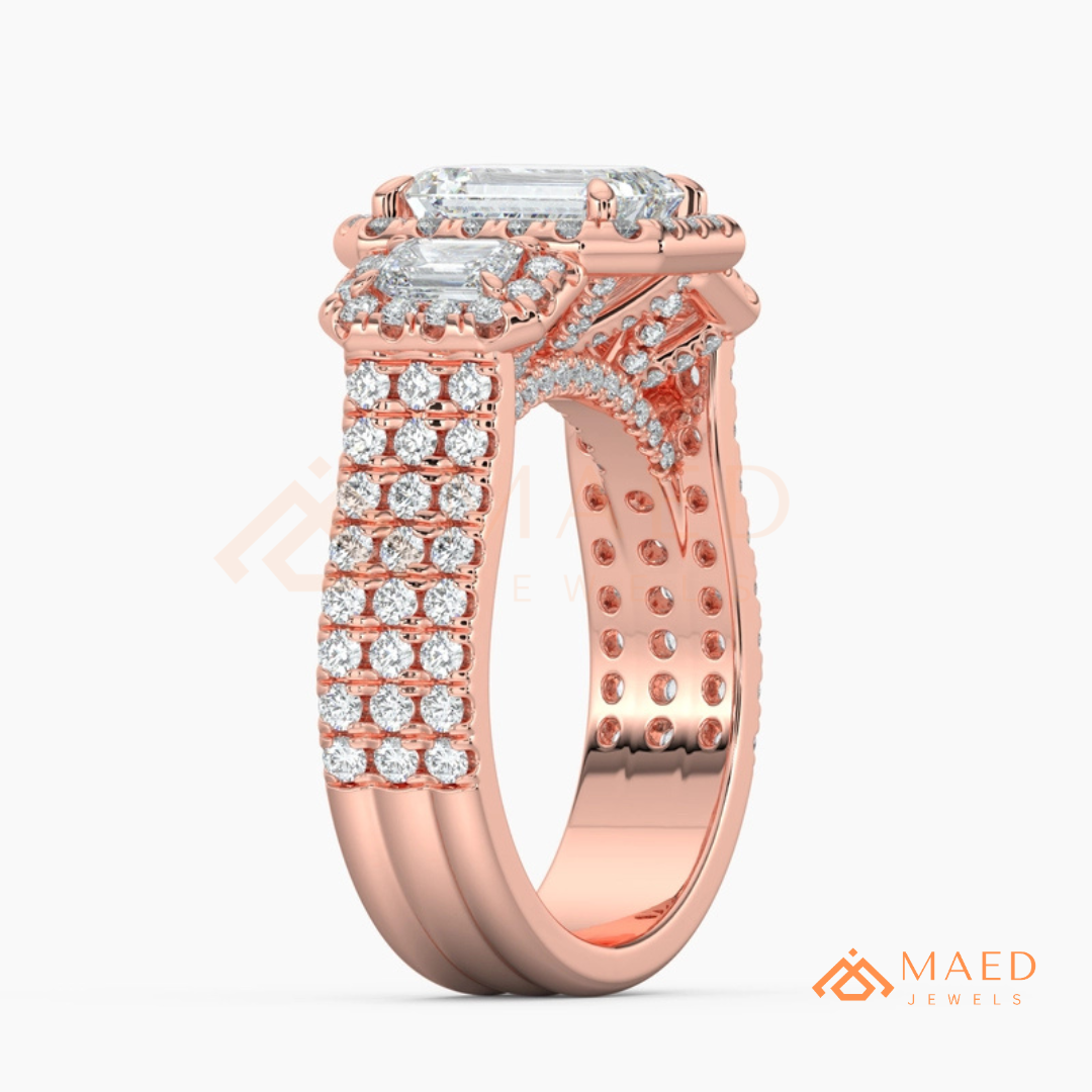 Three-Stone Emerald Cut Halo Engagement Ring | Triple Row Pave Band in 14K Gold & Silver