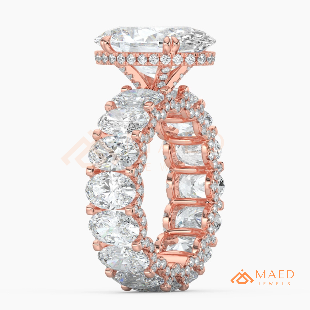 Elongated Oval Cut Engagement Ring with Full Oval Eternity Band | 14k Gold & Silver