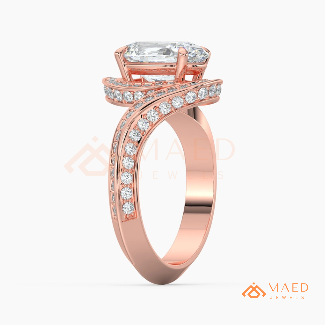 Oval Cut Bypass Halo Engagement Ring | Swirl Pavé Band in 14k Gold, Rose Gold & Silver