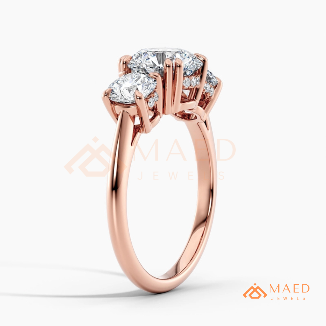 Three-Stone Round Cut Engagement Ring | Classic Trilogy Setting in 14K Gold, Rose Gold & Silver