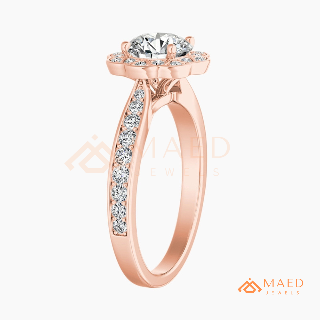 Round Cut Flower Halo Engagement Ring with Pave Band