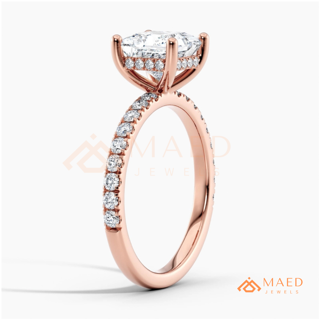 Classic Princess Cut Solitaire Engagement Ring with Hidden Halo and Pave Band in Silver, 14K Gold & Rose Gold