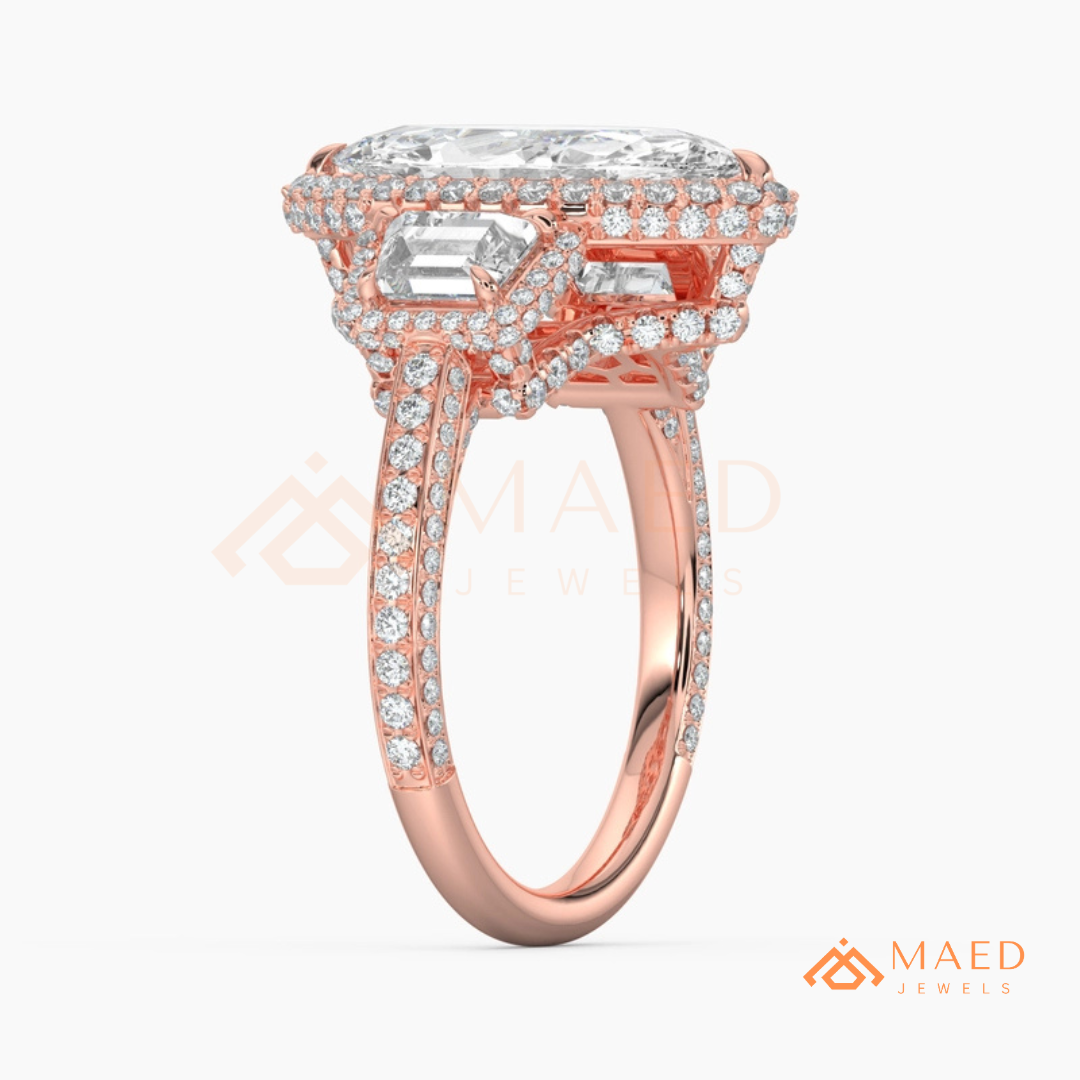 Vintage Marquise Cut 3-Stone Halo Ring with Triple-Row Pavé Band