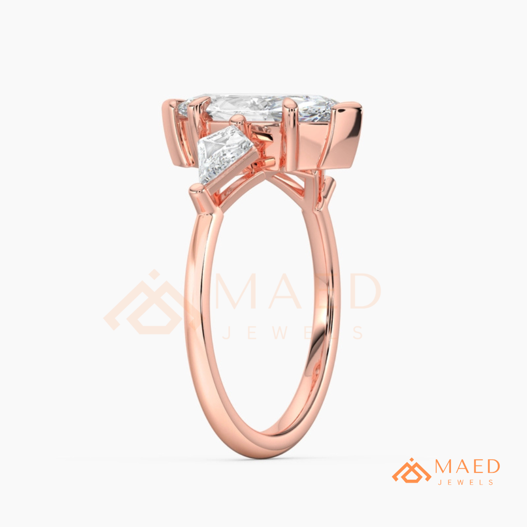 Marquise Cut Three Stone Ring with Kite Side Diamonds | 14k Gold, Rose Gold & Silver