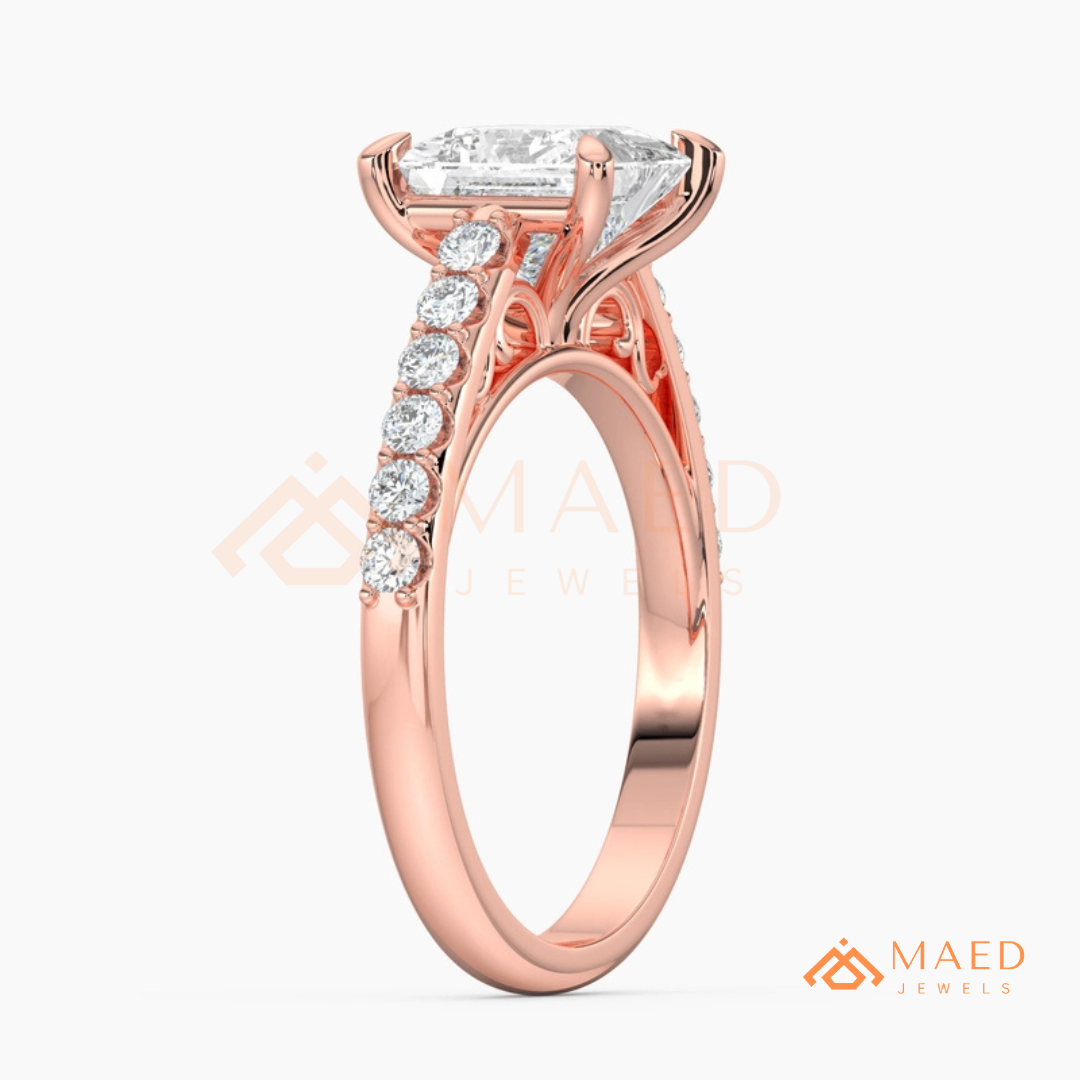 Princess Cut Engagement Ring with Pavé Band | 14k Gold, Rose Gold & Silver