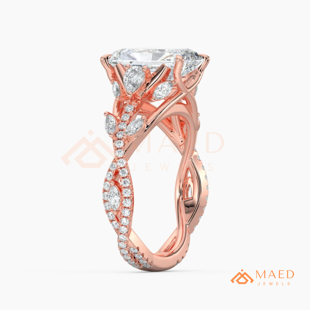 Radiant Cut Engagement Ring with Marquise Cluster Band in Silver, 14K Gold, & 14K Rose Gold