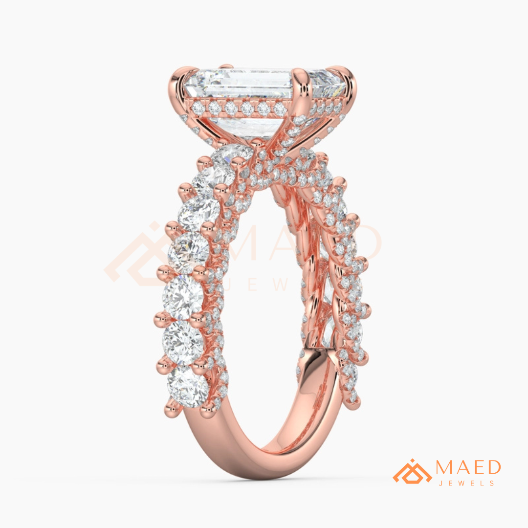 Emerald Cut Engagement Ring with Large Round Accent Band in Silver, 14K Gold, & 14K Rose Gold