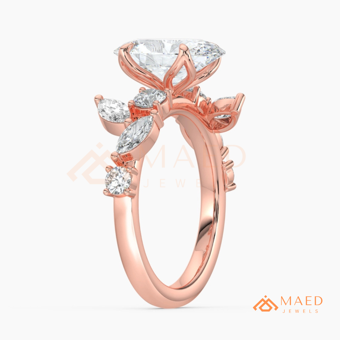 Asymmetric Oval Cut Cluster Engagement Ring | Marquise Leaf Vine Band