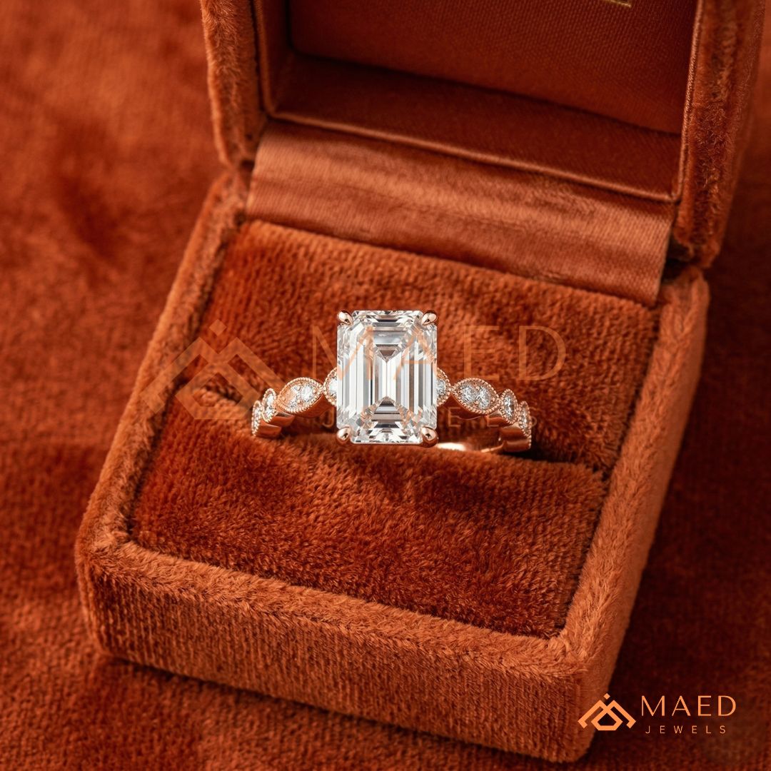 merald Cut Diamond Simulant Vintage Milgrain Ring (14k Gold & Sterling Silver)
