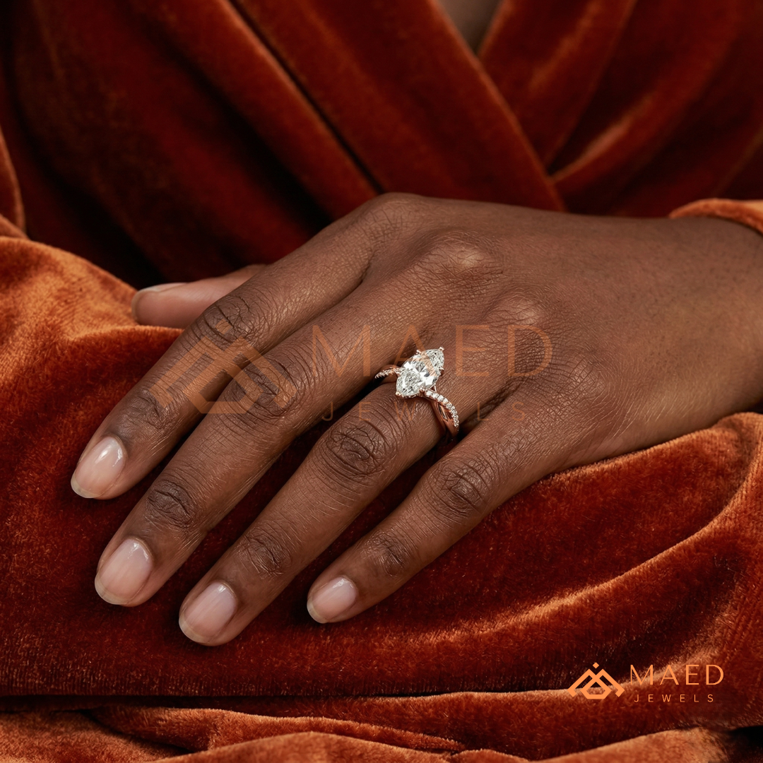 Marquise Cut Engagement Ring with Twisted Pavé Band | 14K Gold, Rose Gold & Silver