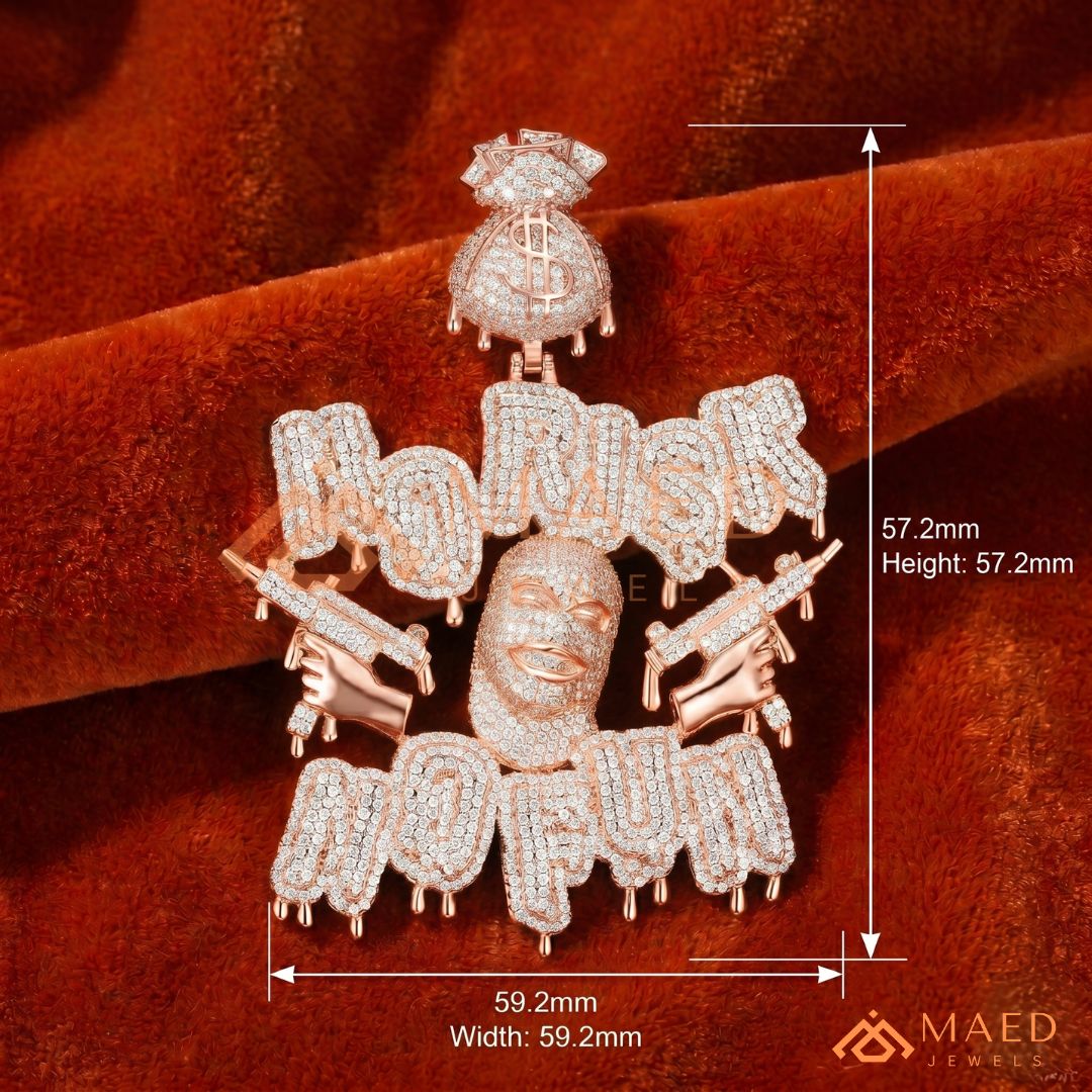 Iced Out "No Risk No Fun" Pendant - 14K Gold, Rose Gold & Silver Hip Hop Jewelry