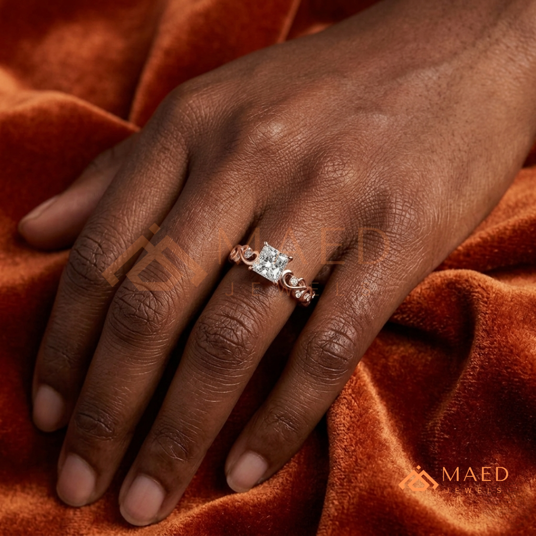 Enchanted Princess Cut Scroll Diamond Simulant Ring in 14K Yellow Gold, Rose Gold & Silver