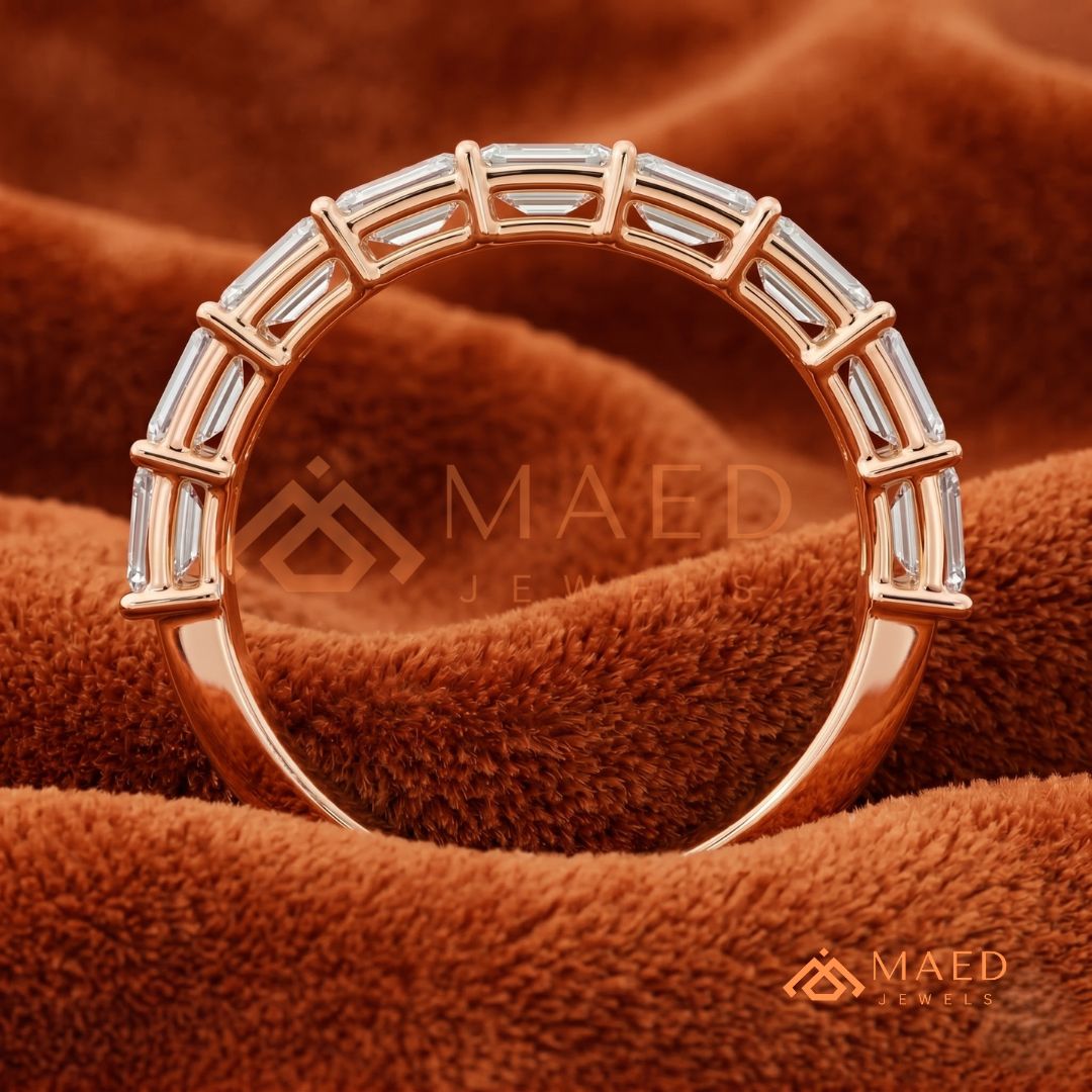 7-Stone Emerald Cut Diamond Wedding Band in Silver, 14K Yellow & Rose Gold