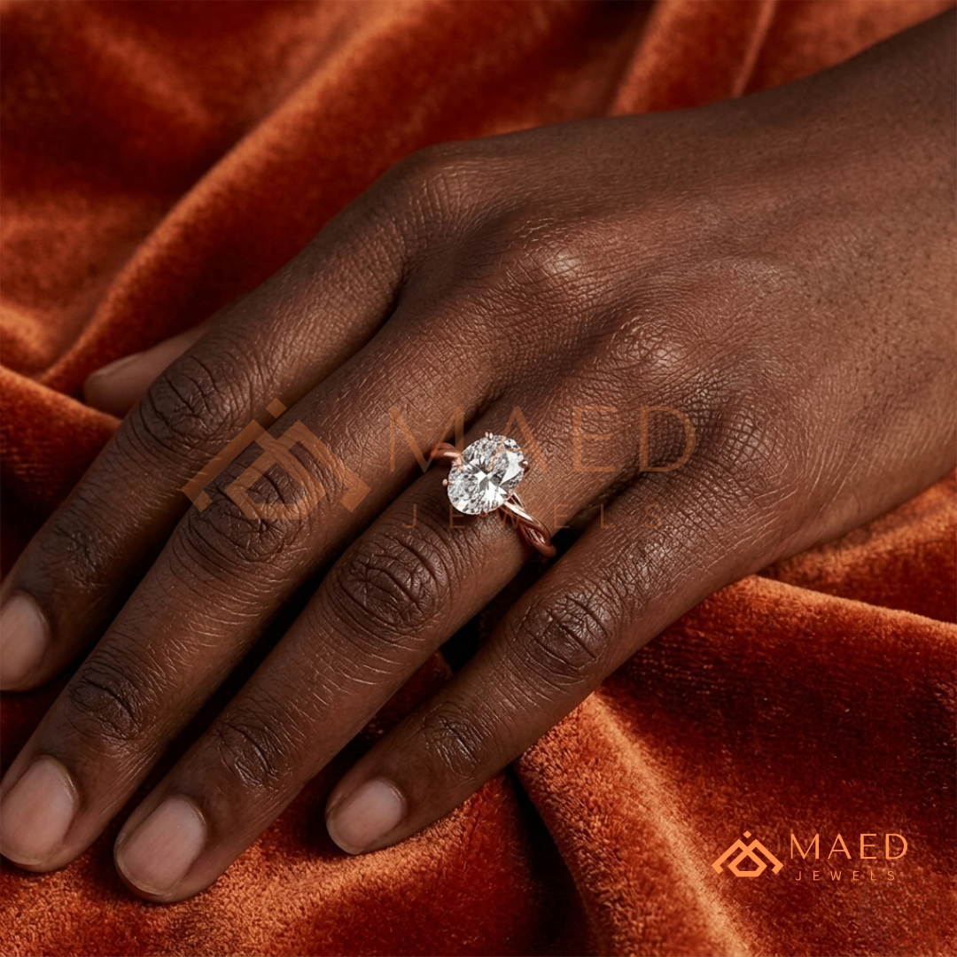 Braided Solitaire Oval Cut Ring in 14K Yellow Gold, Rose Gold & Silver