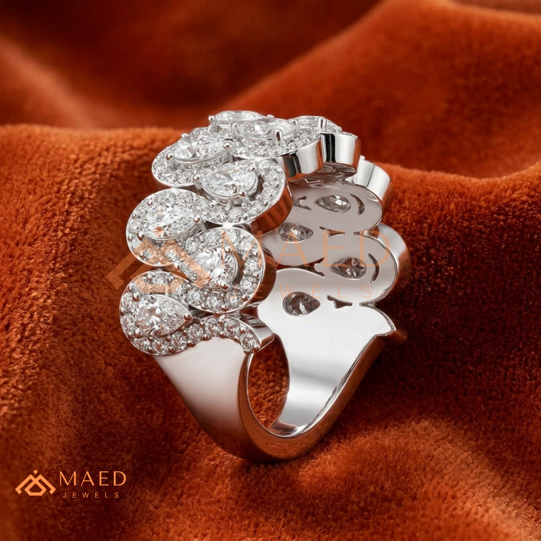 Pear-Cut Diamond Halo Eternity Band in 14K White Gold | Wide Statement Ring