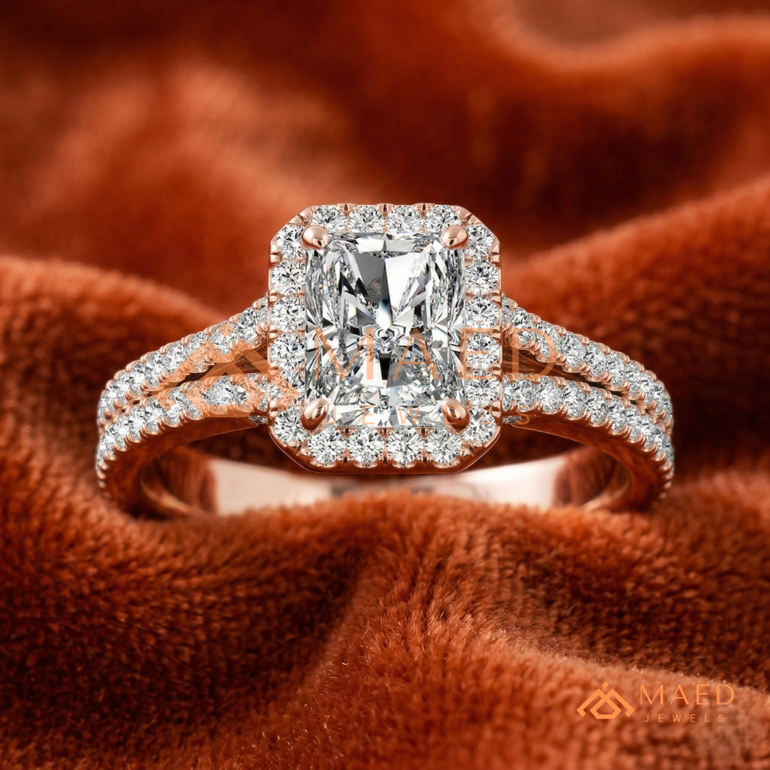 Radiant-Cut Halo Engagement Ring with Split-Shank Pavé Band