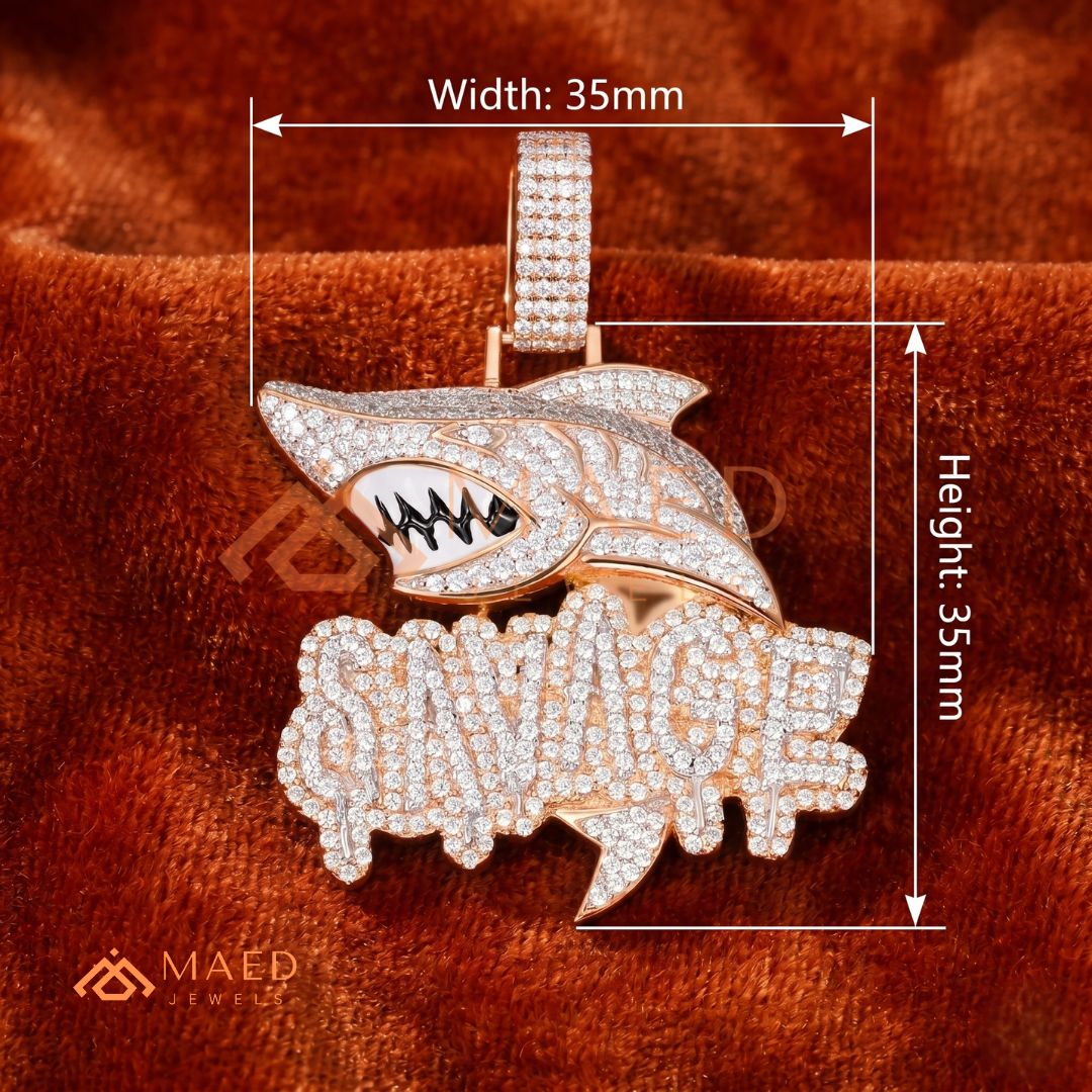 Iced-Out "SAVAGE" Shark Pendant – Micro-Pave Diamond Finish