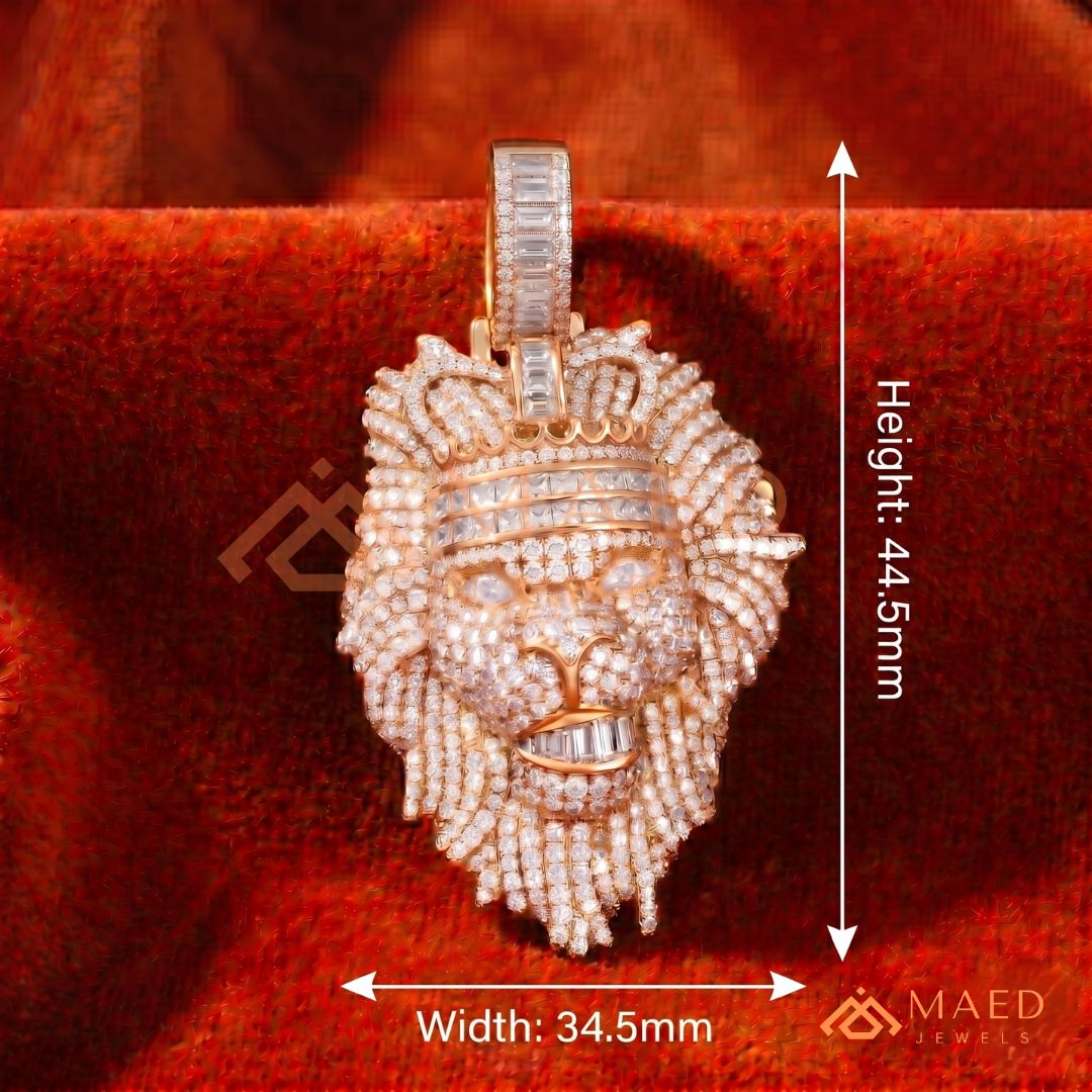 Iced Out King Lion Head Pendant – 14K Gold, Rose Gold & Silver Baguette Crown Hip Hop Charm