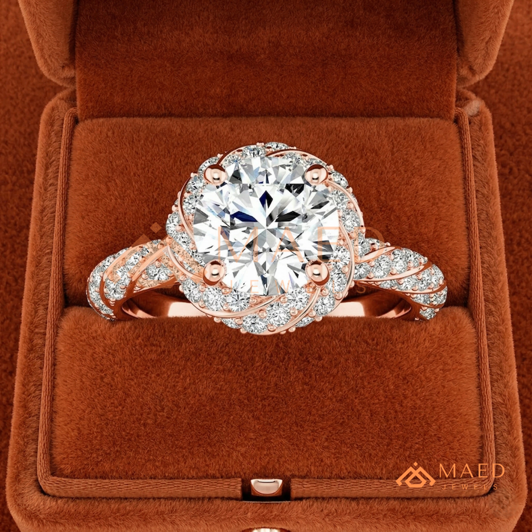 ound Cut Halo Twisted Band Promise Ring (Silver, 14K Yellow/Rose Gold)