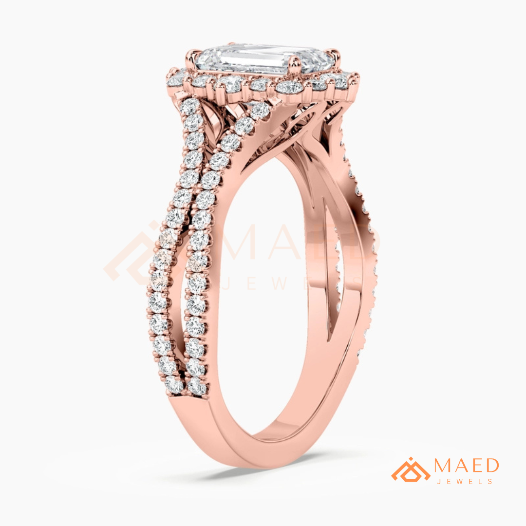 Emerald Cut Starburst Halo Engagement Ring | Split Shank Band in 14k Gold, Rose Gold & Silver