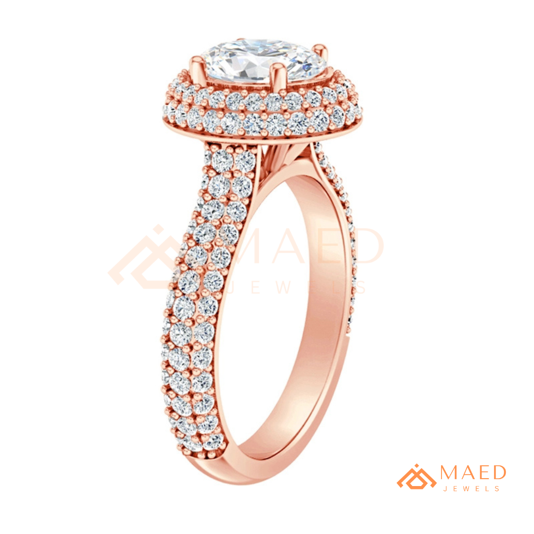 Radiant Oval Double Halo Engagement Ring with Multi-Row Pavé Band