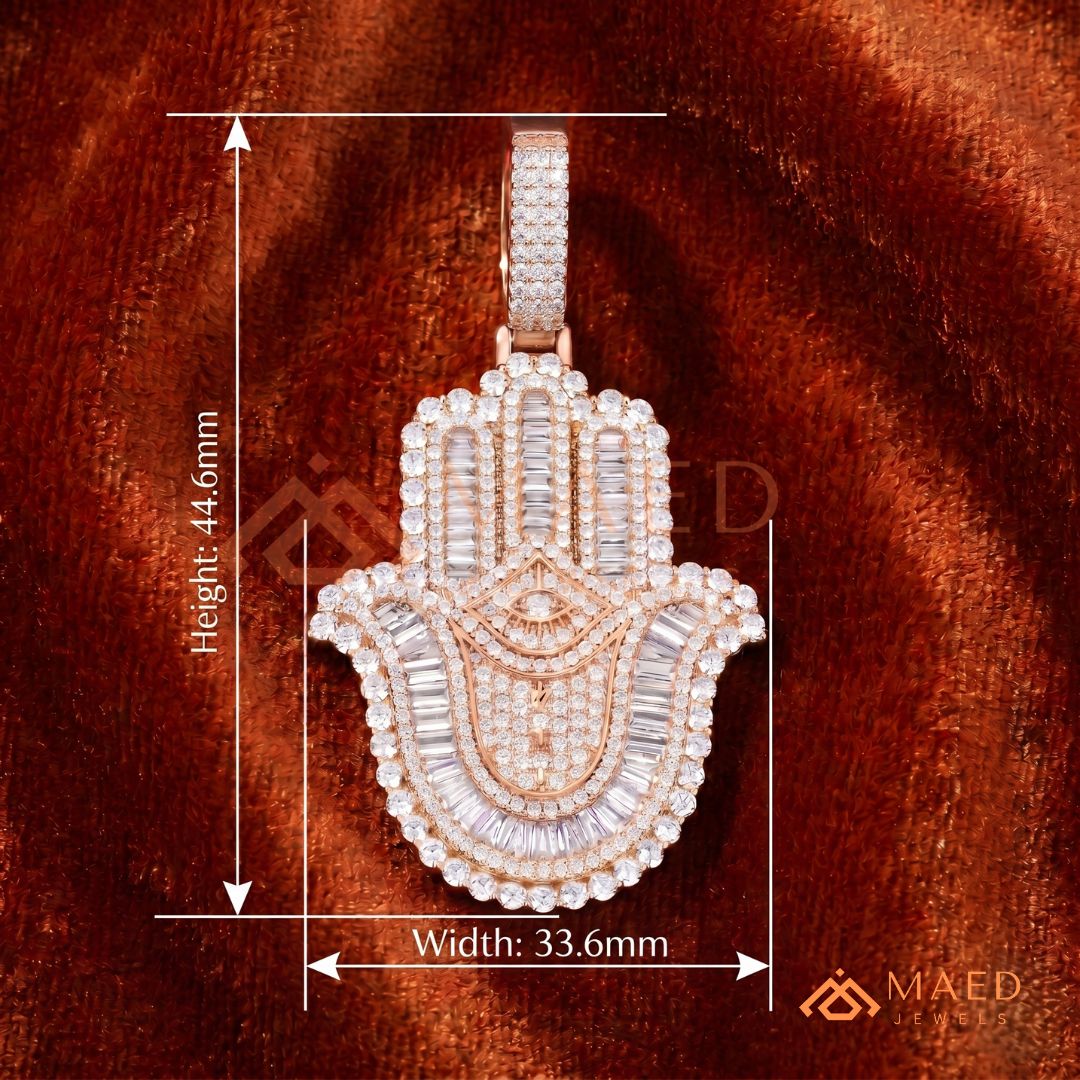 Iced-Out Hamsa Hand Pendant with Star of David & Menorah – Premium Micro-Pave Finish