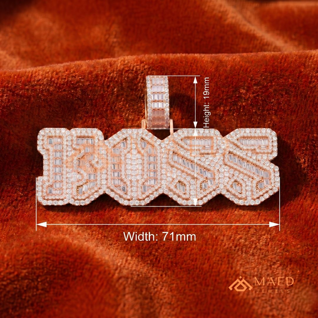 Custom Iced Out "BOSS" Letter Pendant Necklace in 14K Gold, Rose Gold & Sterling Silver