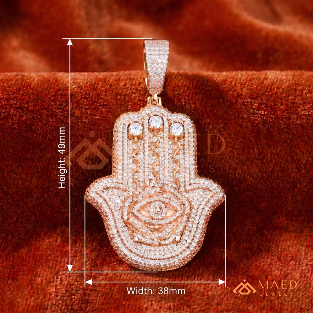 Iced Out Hamsa & Evil Eye Protective Pendant – Symbolic Statement Medallion