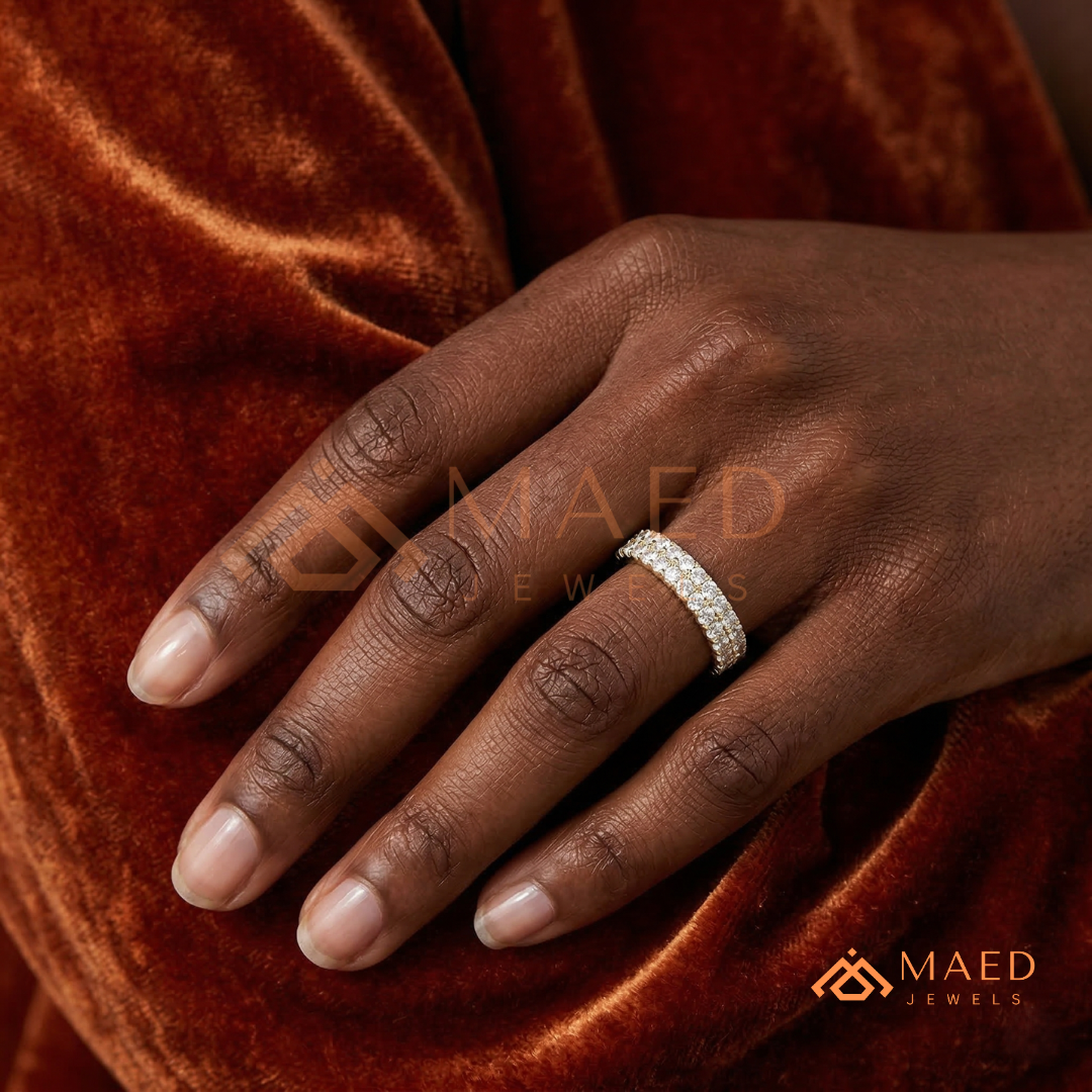 Double Row Pavé Diamond Wedding Band | 2-Row Micro-Pavé Anniversary Ring in Silver, 14K Gold, & Rose Gold