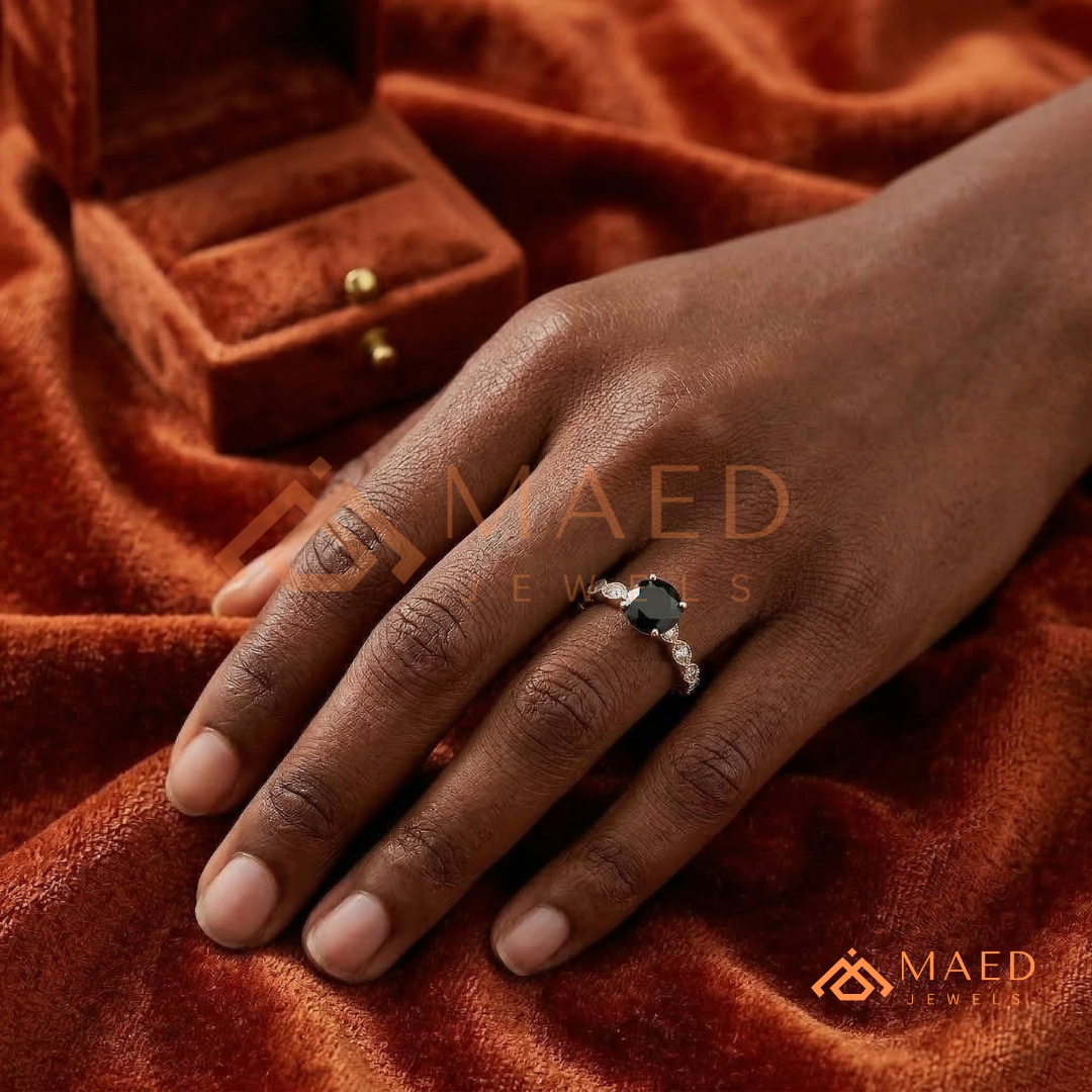 Art Deco Black Stone Ring with Milgrain Marquise Band – Silver, 14K Yellow & Rose Gold