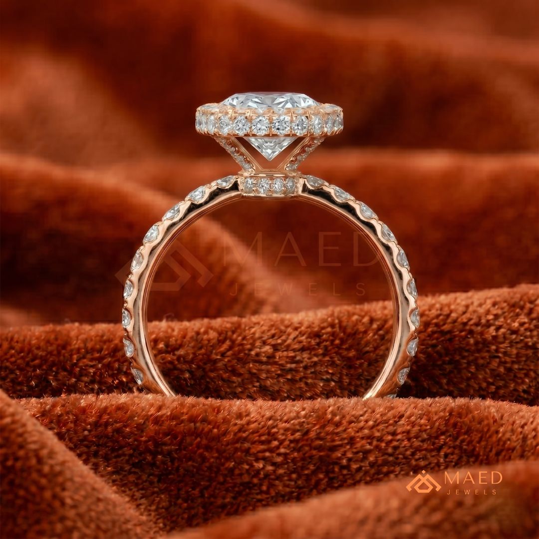 Oval Cut Halo Engagement Ring with Pavé Band in Silver, 14K Gold, & 14K Rose Gold