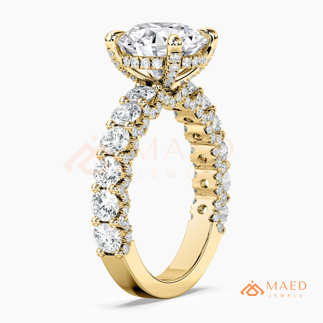 Round Brilliant Cut Engagement Ring with Shared Prong Band | 14k Gold, Rose Gold & Silver