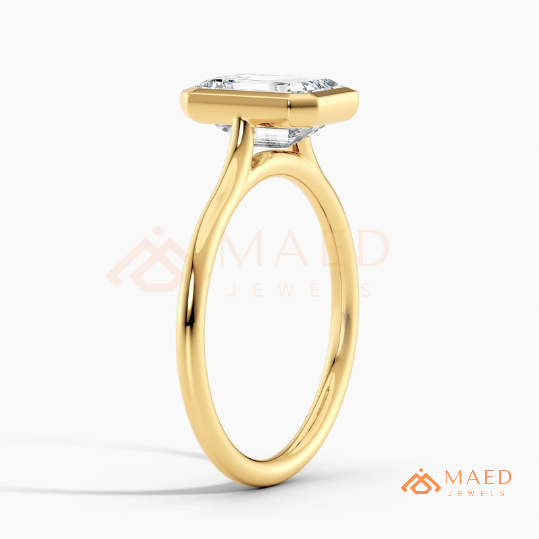 Modern Emerald Cut Solitaire Bezel Engagement Ring in Silver, 14K Gold & Rose Gold