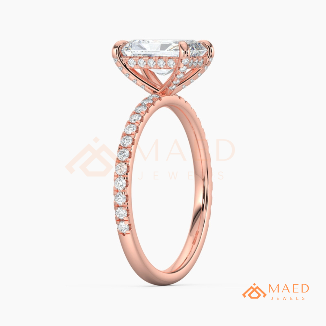 Radiant Cut Moissanite Engagement Ring in Sterling Silver, 14K White Gold & Rose Gold | Hidden Halo Diamond Band For Women