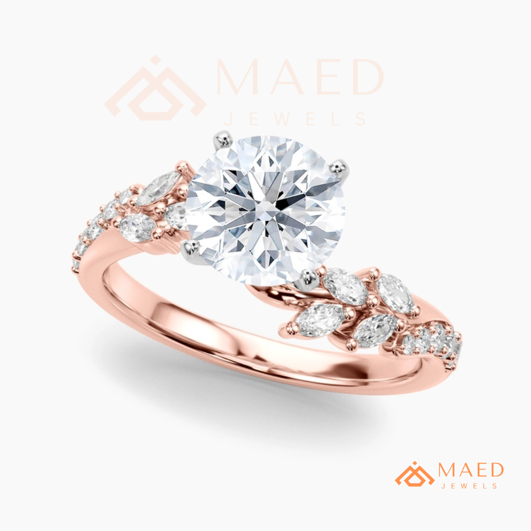 Round Cut Moissanite Nature Inspired Engagement Ring in 925 Sterling Silver, 14K Gold & 14K Rose Gold | Marquise Leaf Cluster Twisting Wedding Ring