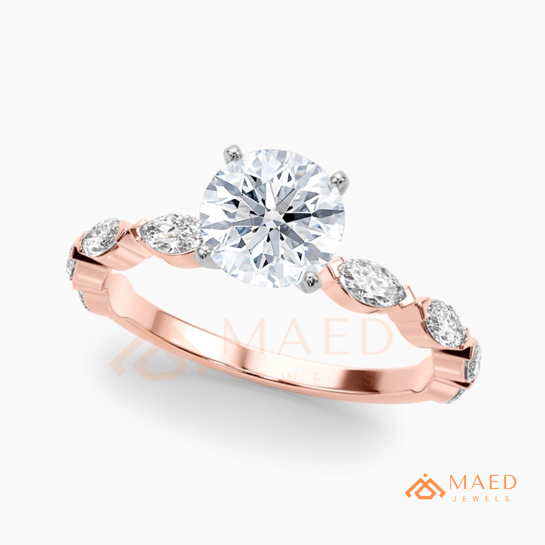 Round Cut Engagement Ring with Marquise Accent Cluster Band in 14K Gold, Rose Gold & Silver