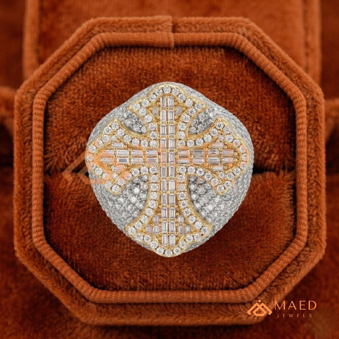 Heavy Iced-Out Baguette Cross Statement Ring – 925 Silver, 14K Gold & Rose Gold