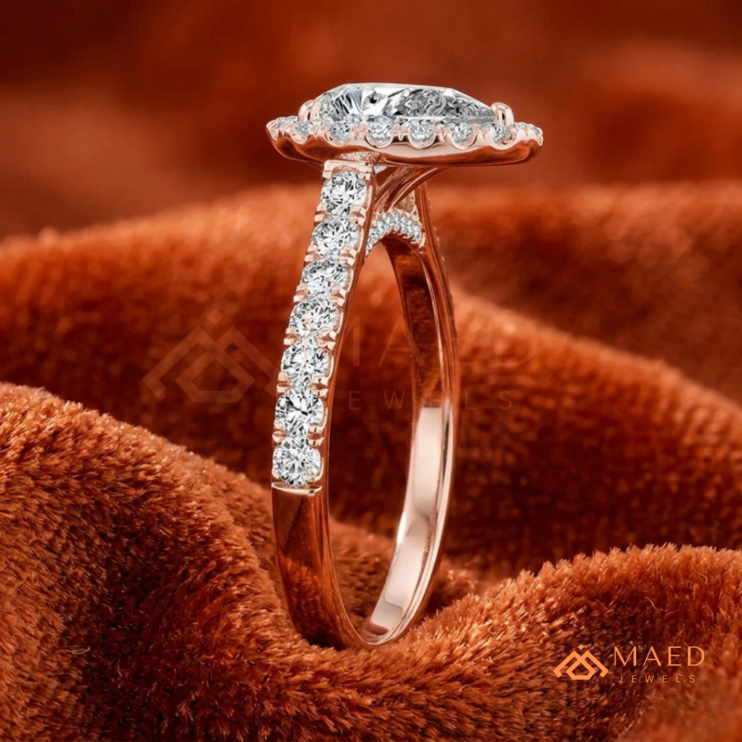 Pear Cut Halo Engagement Ring with Pave Band
