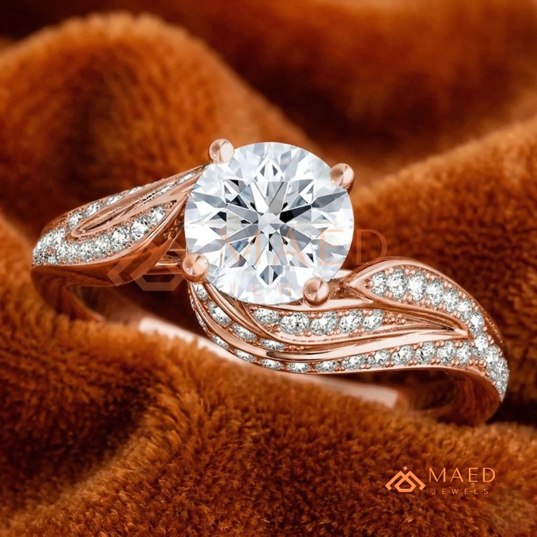 Vintage Bypass Round Cut Engagement Ring with Swirl Pavé Band