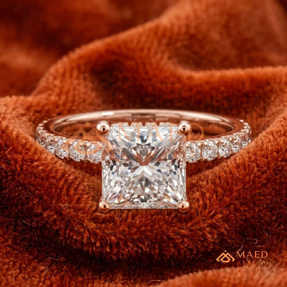 Classic Princess Cut Solitaire Engagement Ring with Hidden Halo and Pave Band in Silver, 14K Gold & Rose Gold