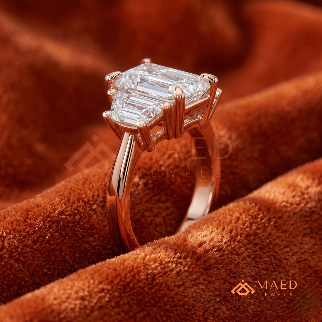 Emerald Cut Three Stone Engagement Ring | Half Moon Side Stones in 14K Gold & Silver