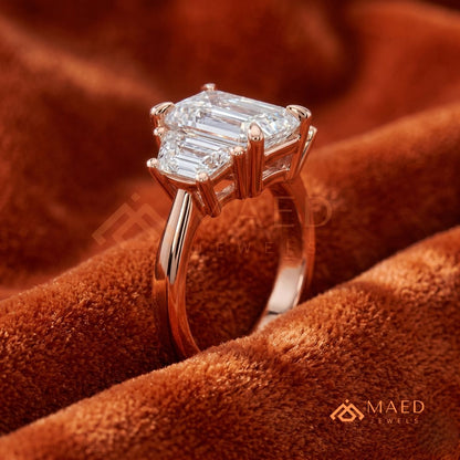Emerald Cut Three Stone Engagement Ring | Half Moon Side Stones in 14K Gold & Silver
