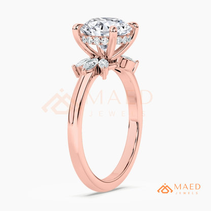 Round Brilliant Cut Ring with Marquise Floral Cluster | 14k Gold, Rose Gold & Silver